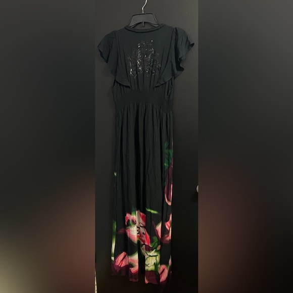 DeSigual Black Maxi Dress with Pink & Green Floral Print - Picture 7 of 7